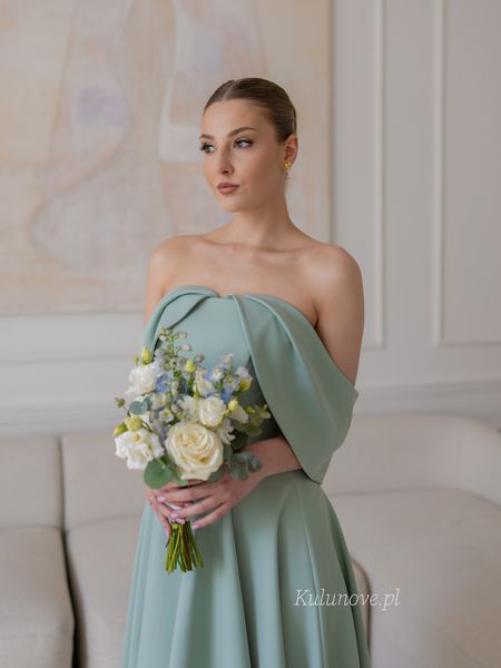 Abby - sage chic open-shoulder midi dress for wedding