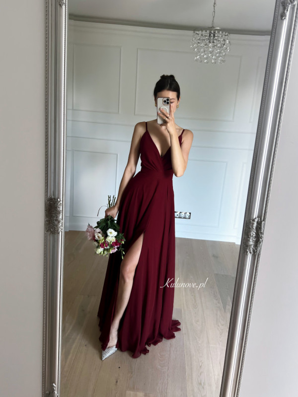 Alruna - maroon chiffon gown on thin straps with an envelope top