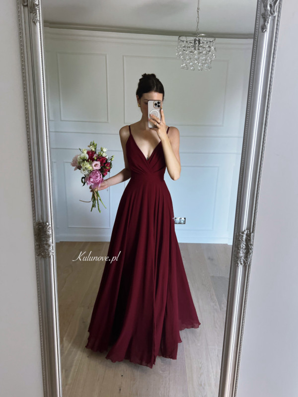 Alruna - maroon chiffon gown on thin straps with an envelope top