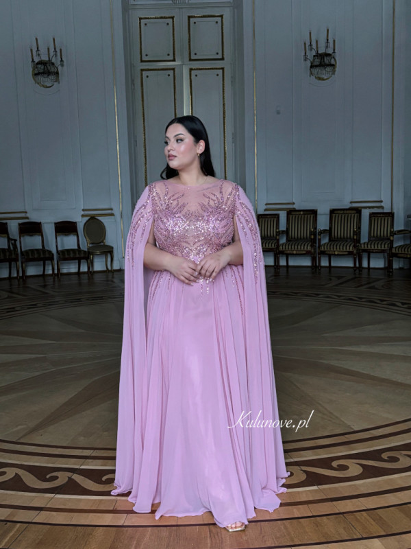 Amara - embellished maxi dress in pink with long chiffon sleeves