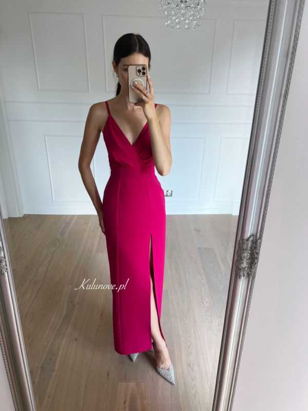 Andrea - elegant simple dress with overlap neckline in fuchsia color