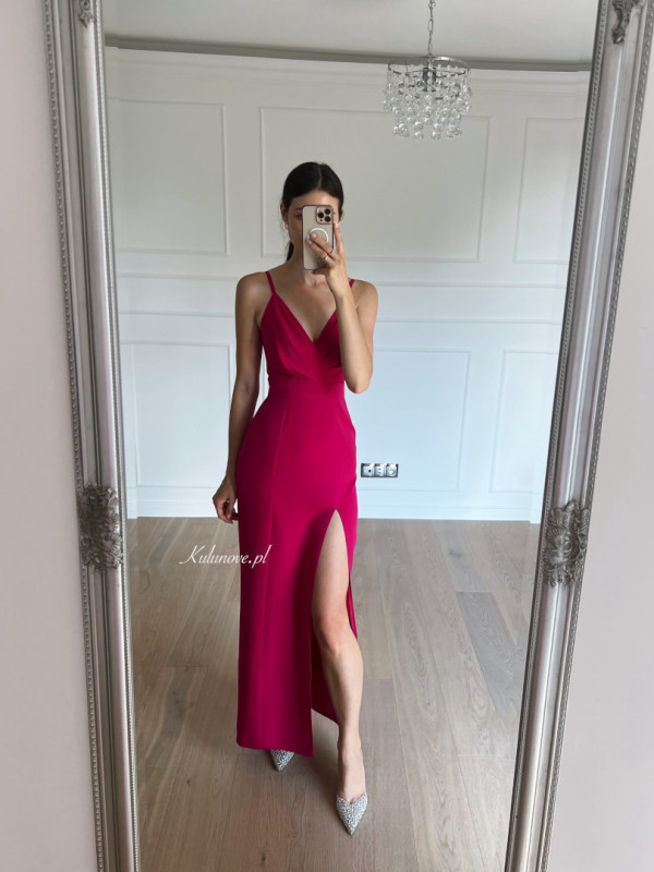 Andrea - elegant simple dress with overlap neckline in fuchsia color