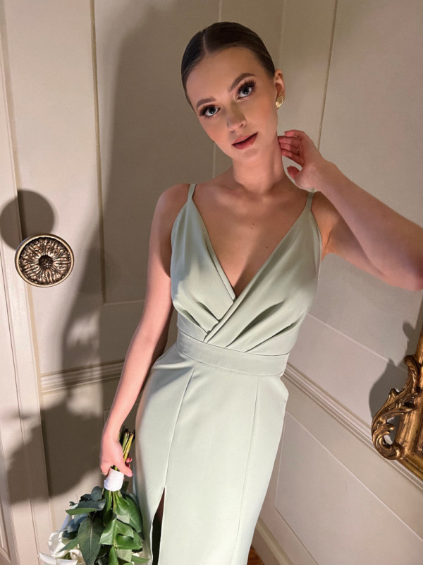 Andrea - sage simple long strapless dress