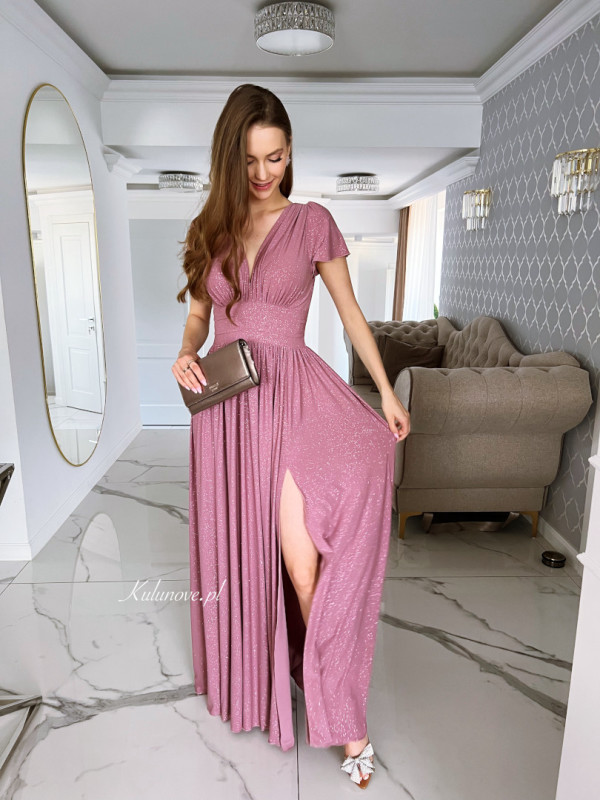 Andromeda - long brocade short sleeve dress in pink