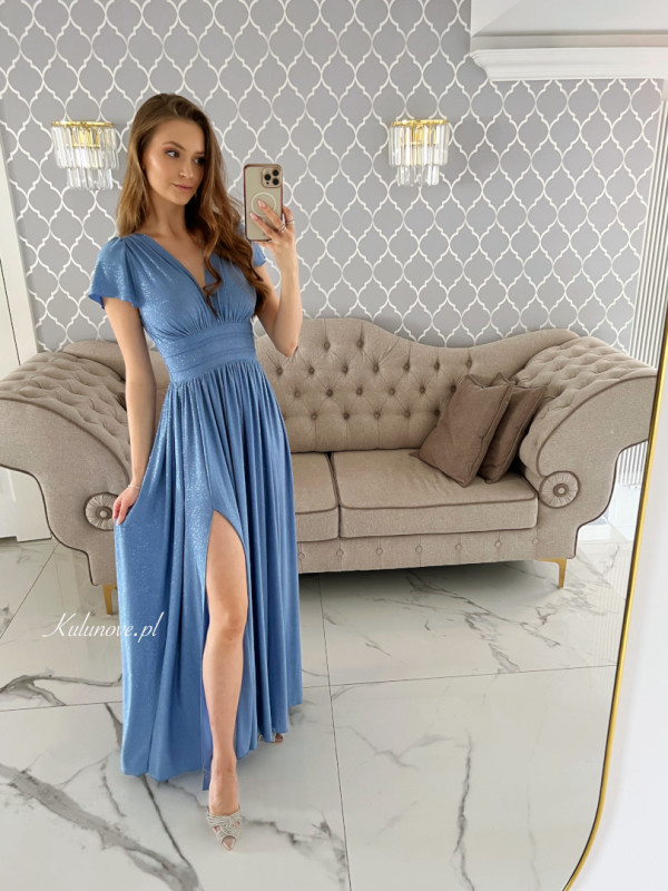Andromeda - shiny blue maxi dress with short sleeves