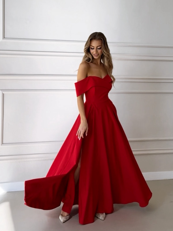 Angelina maxi - red flared envelope maxi dress with open shoulders