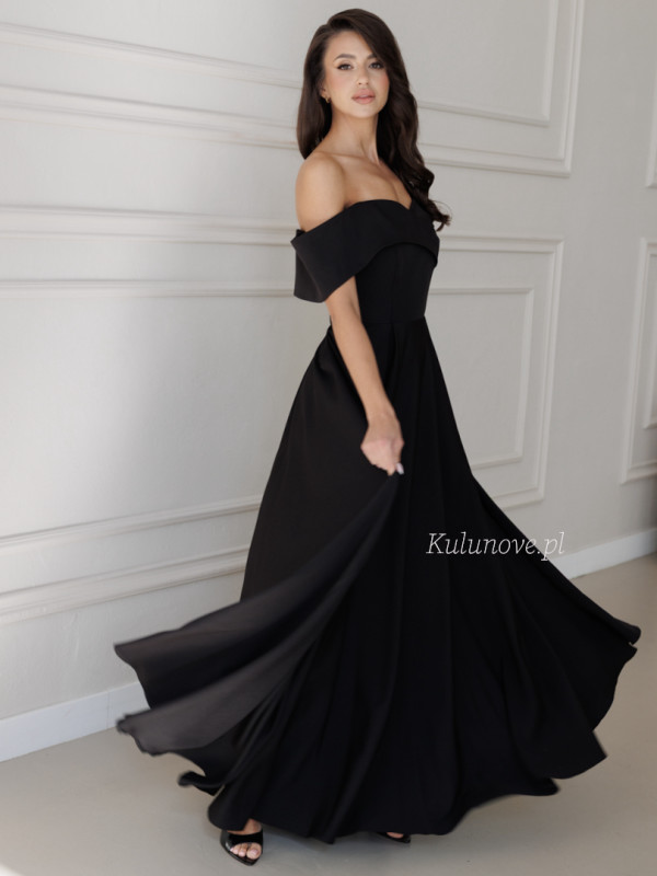 Angelina maxi - black maxi dress sewn on a wide circle with a striking neckline revealing the shoulders