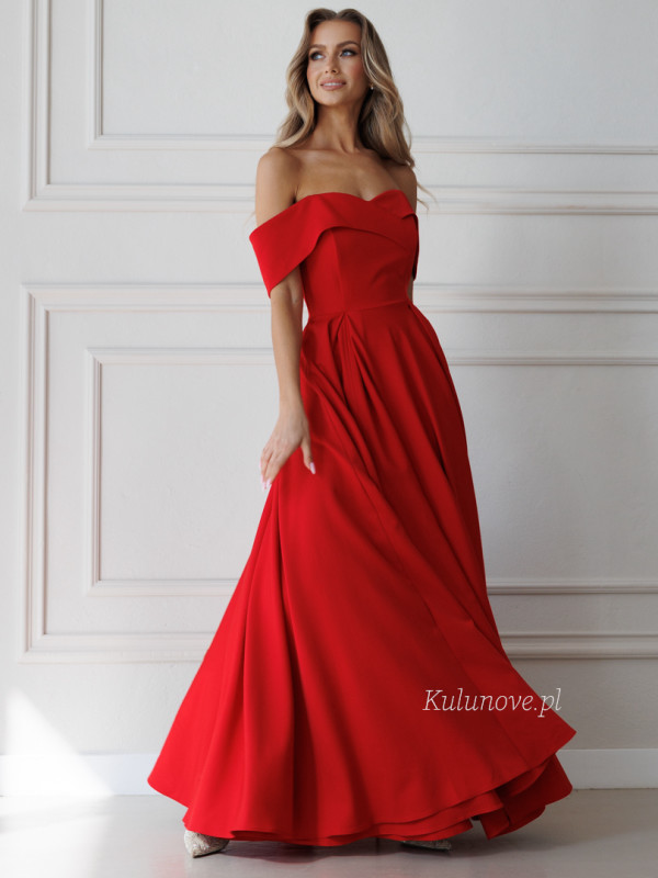 Angelina maxi - red flared envelope maxi dress with open shoulders