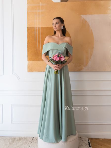 Angelina maxi - elegant sage dress with open shoulders, dropped sleeves and a flared bottom