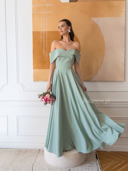 Angelina maxi - elegant sage dress with open shoulders, dropped sleeves and a flared bottom