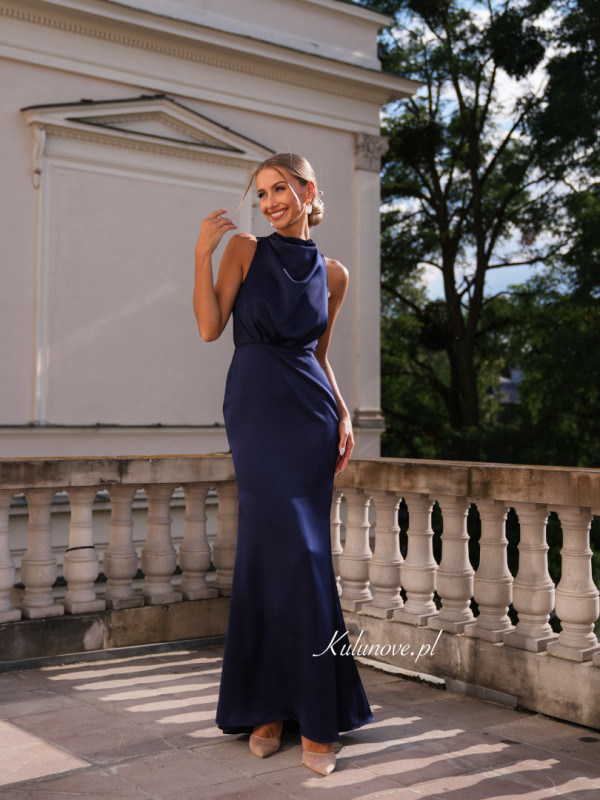Aria - elegant maxi dress of flowing satin in navy blue color