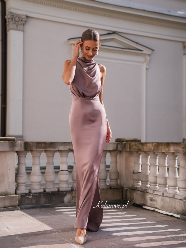 Aria- long satin evening dress in mocha mousse color