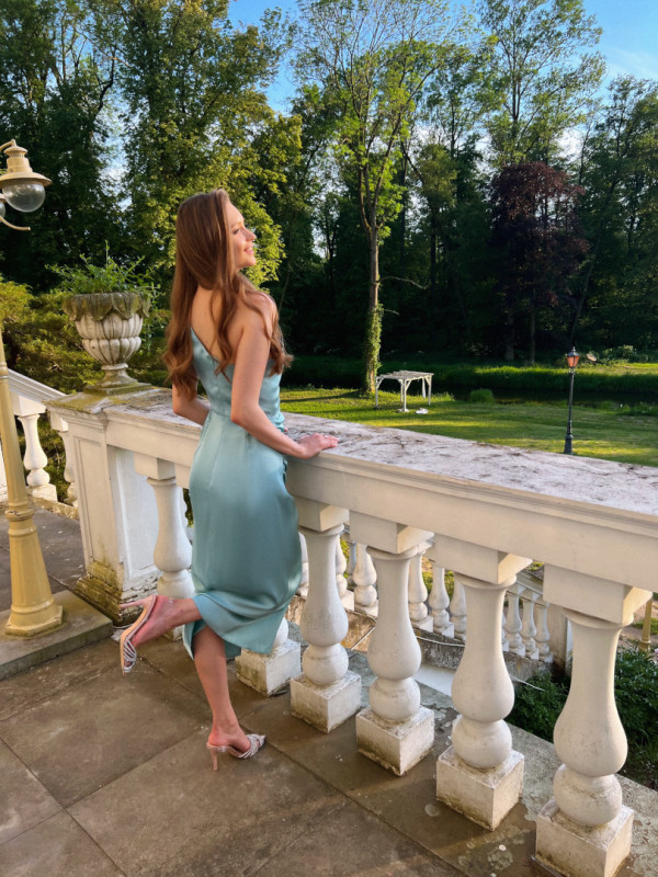 Ariela - one shoulder satin midi dress in dark mint color