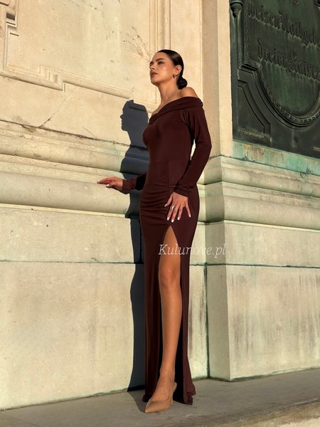 Arizona - Brown Stretch Maxi Evening Dress with an Off-the-Shoulder Neckline