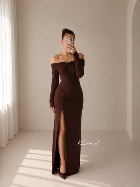 Arizona - Brown Stretch Maxi Evening Dress with an Off-the-Shoulder Neckline