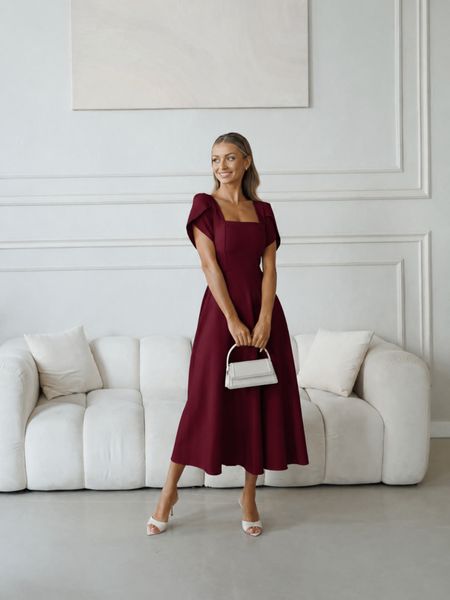 Arletta - burgundy midi dress with a flared hem and decorative sleeves
