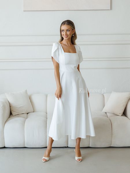 Arletta - ecru midi wedding dress with fitted top and karo neckline and layered tulip sleeves