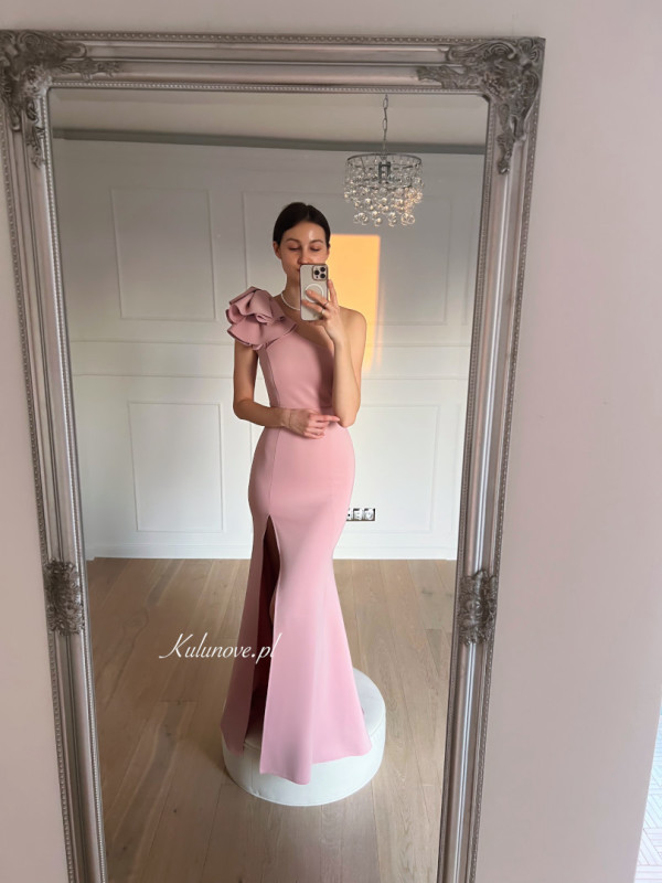 Audrey - pink one-shoulder maxi dress with decorative flower on shoulder