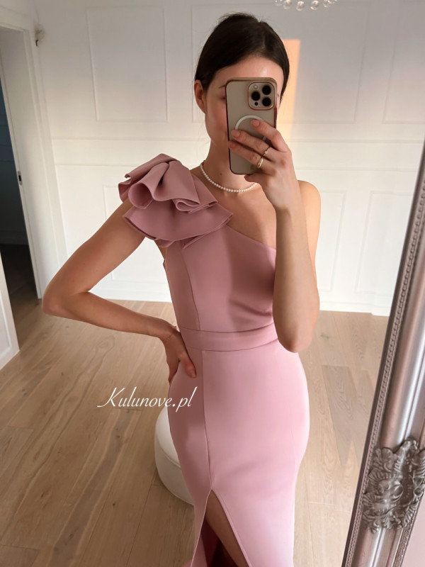 Audrey - pink one-shoulder maxi dress with decorative flower on shoulder