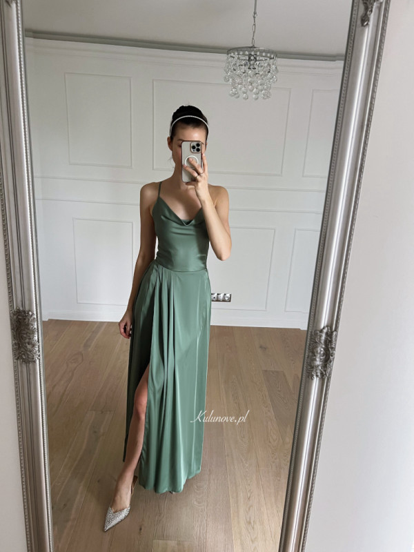 Ava - satin tied maxi dress in sage color