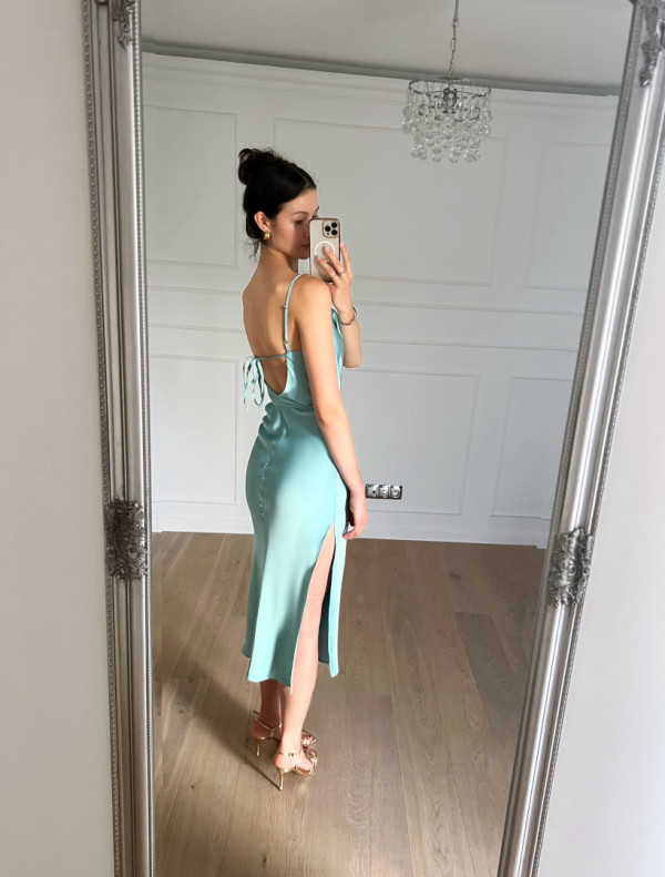 Barcelona - sage satin knee-length dress with thin straps tied at the back