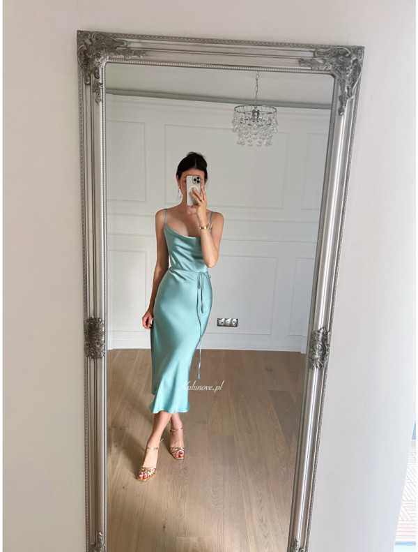 Barcelona - sage satin knee-length dress with thin straps tied at the back