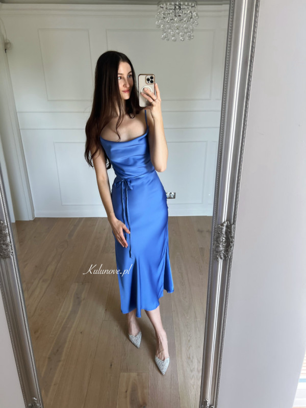 Barcelona sapphire satin strapless midi dress with back tie