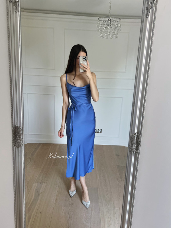 Barcelona sapphire satin strapless midi dress with back tie