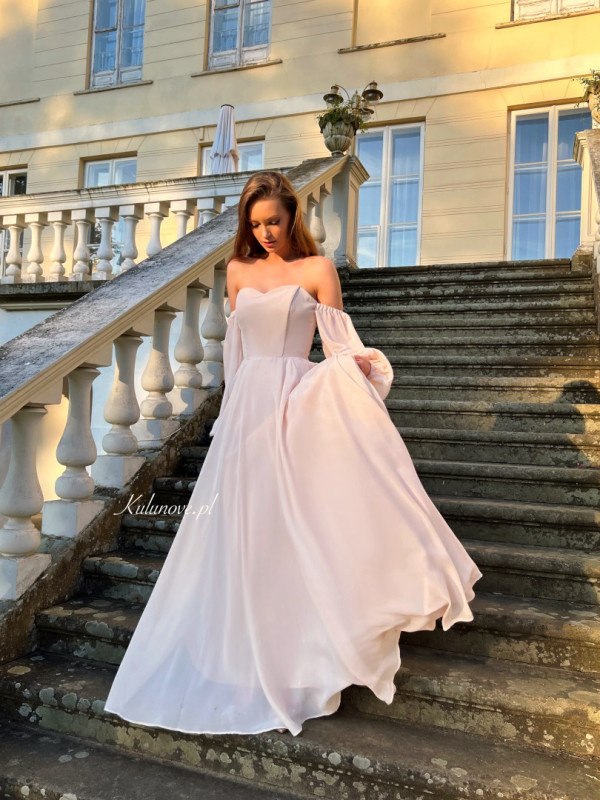 Beatrice - corseted flared beige maxi dress with buff sleeves