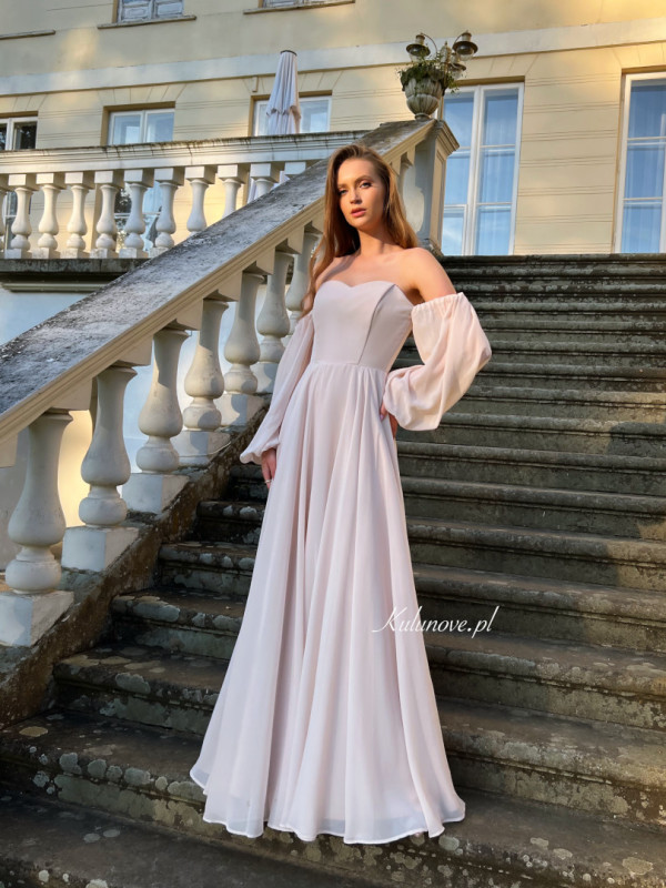 Beatrice - corseted flared beige maxi dress with buff sleeves