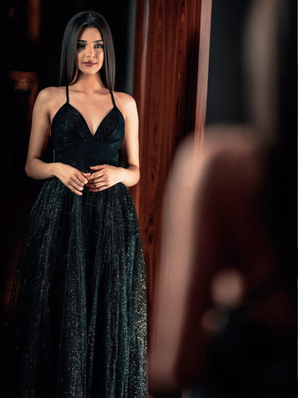 Bellatris - black brocade tulle maxi princess style dress