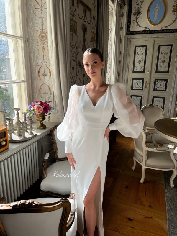 Bellucci - simple wedding dress with open back and buff sleeves