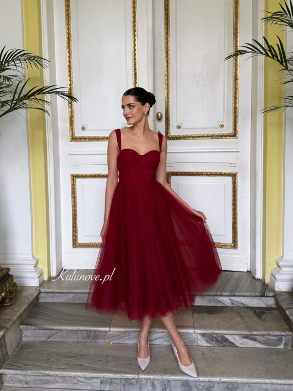 Promise midi - burgundy flared corset dress with straps