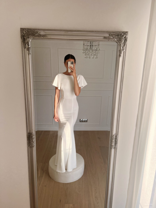 Brenda - a simple short sleeve fisherman's wedding dress with a deep neckline on the back