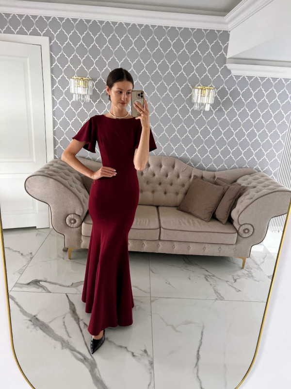 Brenda - maroon fish dress with short butterfly sleeves and deep back neckline