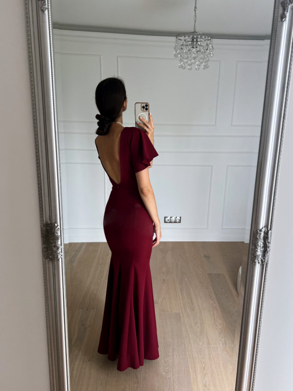 Brenda - maroon fish dress with short butterfly sleeves and deep back neckline