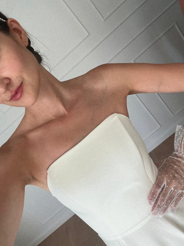 Bridget ecru - flared medium length gown with straight bodice and open shoulders