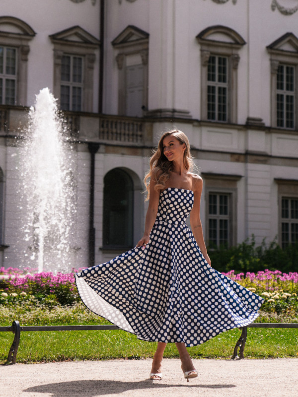 Bridget - corset midi dress navy blue polka dots with a flared bottom