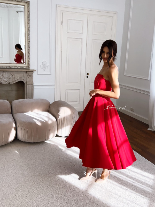 Bridget - red strapless midi dress