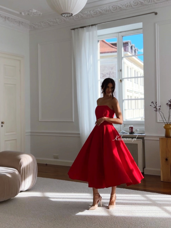 Bridget - red strapless midi dress
