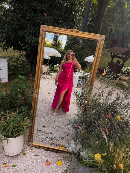 Miami - long asymmetrical fuchsia colored one shoulder dress