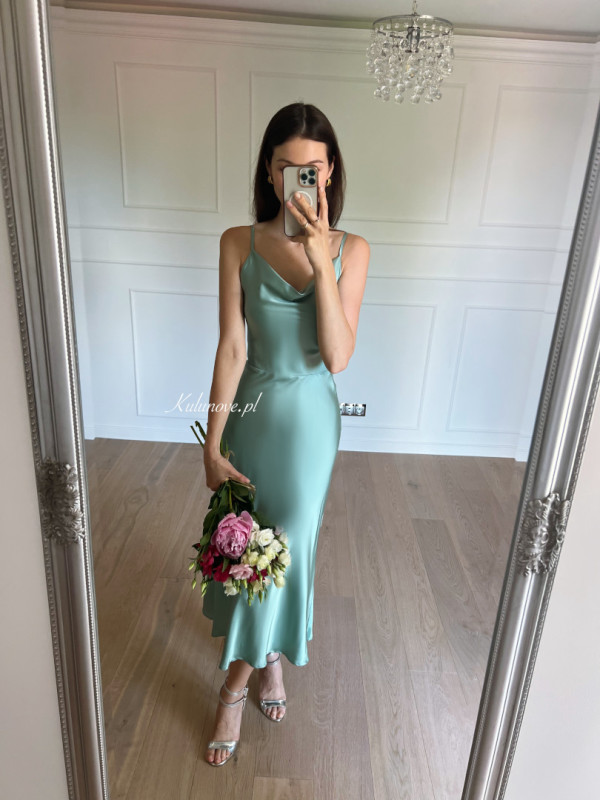 California - simple pistachio strapless satin dress
