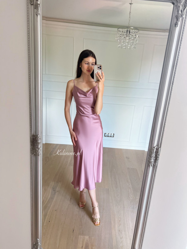 California - minimalist simple satin dress with thin straps in dirty pink color