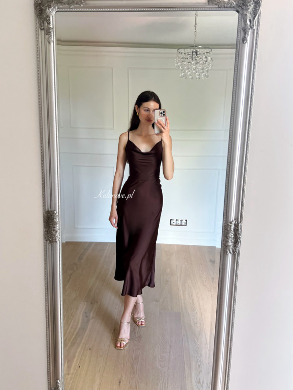 California - minimalist chocolate satin dress with thin straps