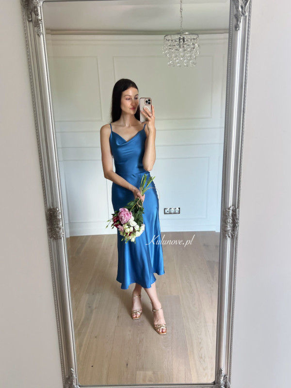 California - simple satin dress with thin straps in blue color