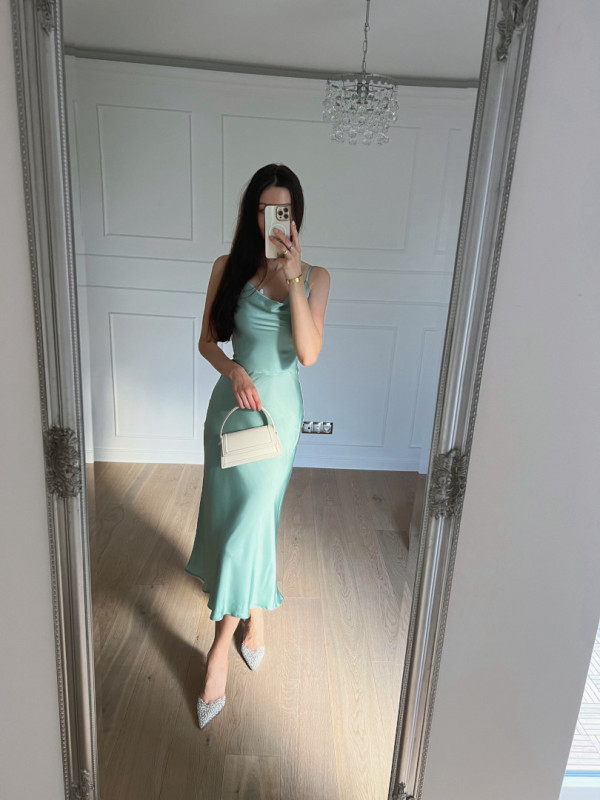 California - simple pistachio strapless satin dress