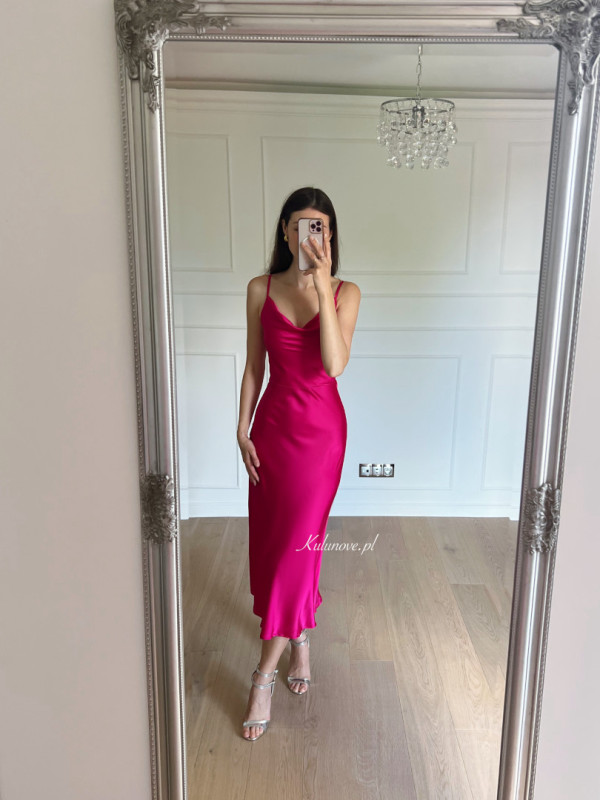 California - satin minimalist strapless dress in fuchsia color