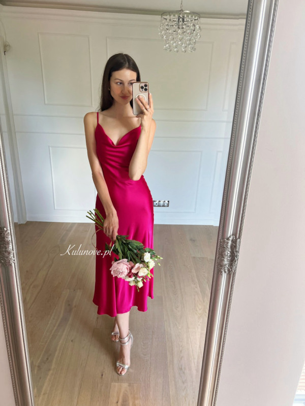 California - satin minimalist strapless dress in fuchsia color