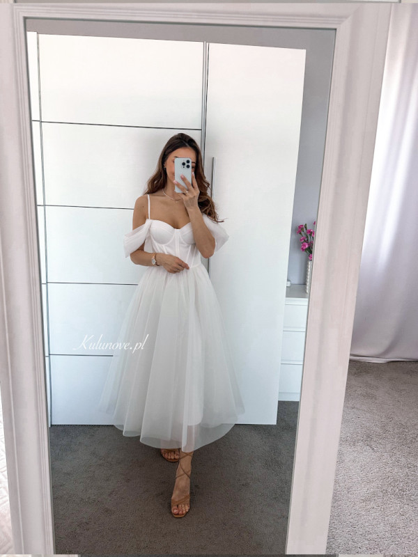 Camila - wedding midi dress on thin straps with falling sleeves