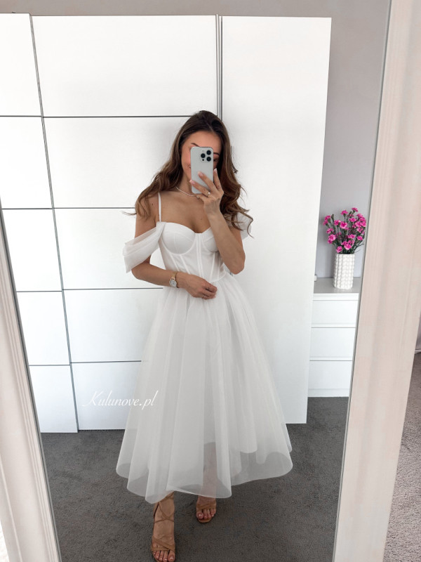 Camila - wedding midi dress on thin straps with falling sleeves